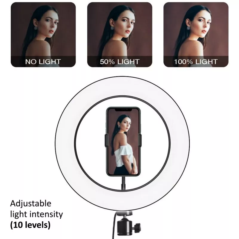 Maclean MCE610 10 12W LED Ring Light mit Stativ und Bluetooth-Auslöser, 3 Farben, 10 Helligkeitsstufen, 10% -100% einstellbare Helligkeit, 160 LED, Smartphone-Halter, Beleuchtungslicht
