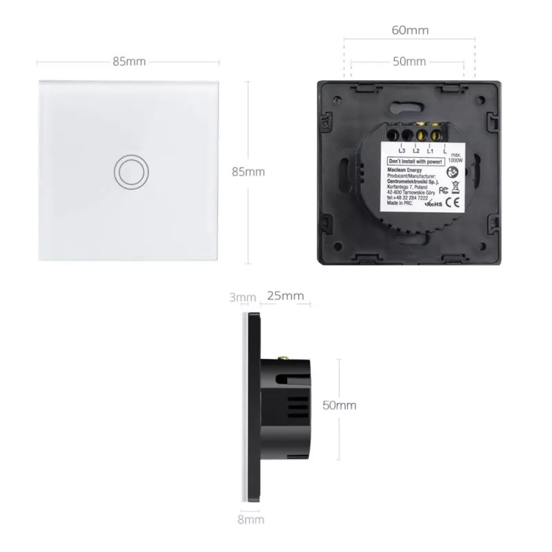 Touch-Lichtschalter MACLEAN MCE702W — einzelner runder Glastaster, kabelgebunden, 110–240 V, 2 A, 1000 W, weiß