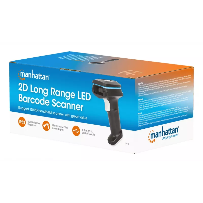 Manhattan 2D Long Range LED Barcode Scanner, USB, 450mm Scan-Tiefe, Max. Umgebungslicht 100.000 Lux (Sonnenlicht), Unterstützt Symbologien - 1D (x21 Versionen) und 2D (x10 Versionen), Scanner RJ45 zu USB 1,8m Kabel (gängigster Typ, USB-A), Schwarz, 3 Jahre Garantie