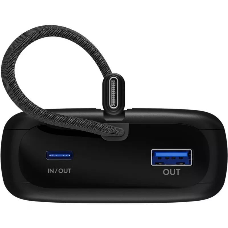Powerbank 20.000 mAh, integriertes USB-C-Kabel 13 cm, 30 Watt (schwarz, 20 Ah, 1x USB-A, 2x USB-C, PD, QC)