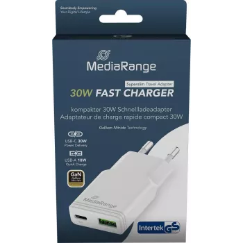 MediaRange MRMA125 Ladegerät 30W 2-Port (1x USB-A, 1x USB-C, GaN) weiß