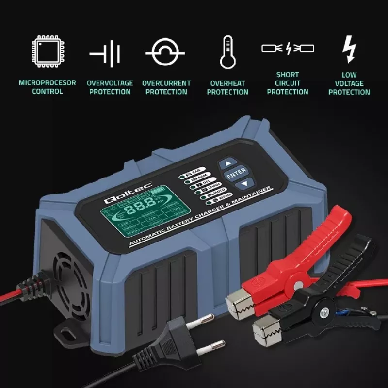 Qoltec Smart Microprocessor Battery Charger mit Batterietester und 12V-Reparaturfunktion | 6A | LCD | Batterieladegerät für AGM LiFePO4 GEL Batterie