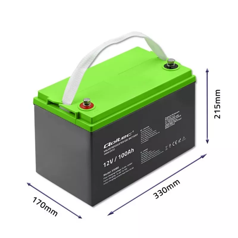 Gel-Batterie QOLTEC 53080 12V 100Ah — verschlossene wiederaufladbare Batterie für Notstromversorgung