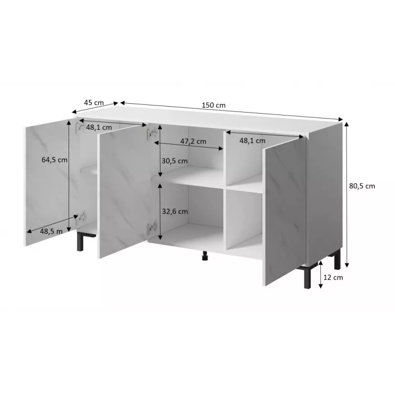 MARMO 3D Kommode 150x45x80.5 cm matt schwarz/marble schwarz