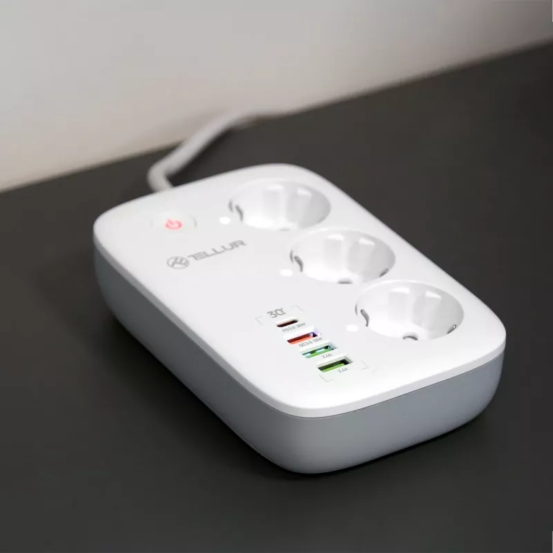 Steckdosenleiste Tellur TLL331521 Smarte WiFi-Steckdosenleiste mit 3 Steckdosen, PD 30W, QC 18W