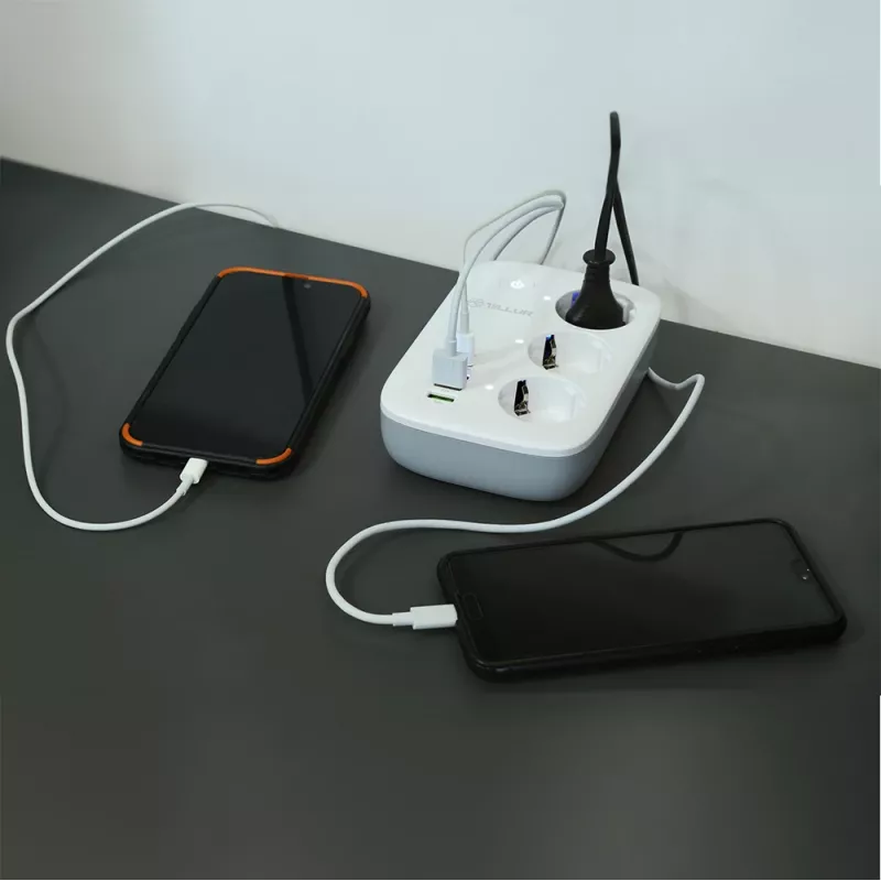 Steckdosenleiste Tellur TLL331521 Smarte WiFi-Steckdosenleiste mit 3 Steckdosen, PD 30W, QC 18W