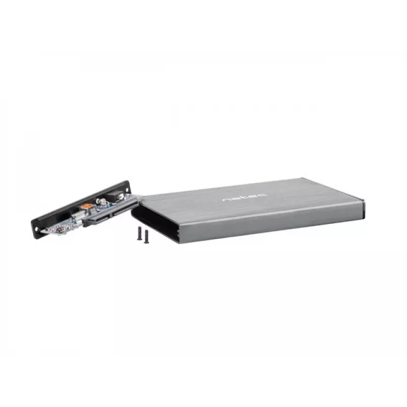 Externes HDD/SSD-Gehäuse NATEC Rhino GO — 2,5 Zoll SATA, 9,5 mm, USB 3.0, Aluminium, grau, bis zu 4 TB
