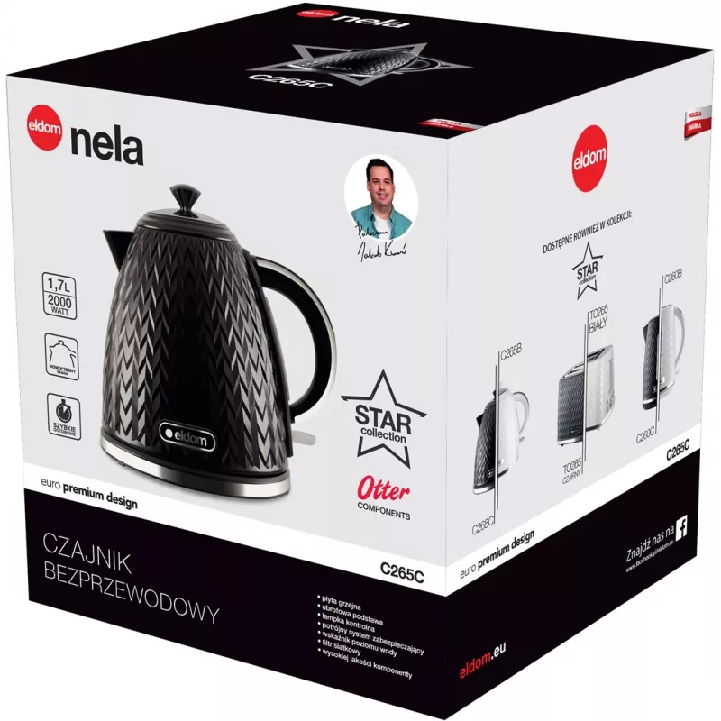 ELDOM NELA Wasserkocher, 1,7 l Fassungsvermögen, 2000 W Leistung, schwarz