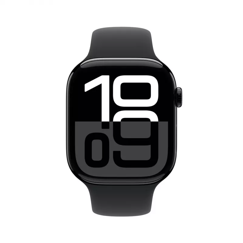 Apple Watch Series 10 GPS 46mm Gehäuse aus Aluminium in Jet Schwarz mit schwarzem Sportarmband – M/L