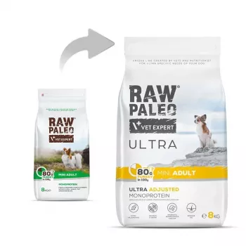 Trockenfutter für Hunde VETEXPERT RAW PALEO Ultra Mini Adult Turkey 8 kg — Alleinfuttermittel für ausgewachsene Hunde kleiner Rassen, 24,5 % Protein, 14 % Fett