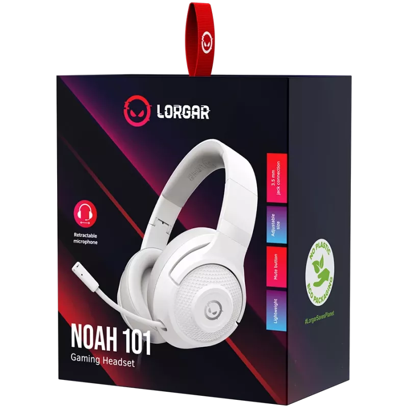 LORGAR Noah 101, Gaming-Headset mit Mikrofon, 3,5-mm-Klinkenanschluss, Kabellänge 2 m, faltbares Design, PU-Leder-Ohrpolster, Größe: 185*195*80 mm, 0,245 kg, weiß