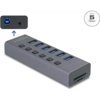 Externer USB 3.0 6-Port-Hub DELOCK 64237 mit Einzelschaltern und SD/MicroSD-Kartensteckplatz