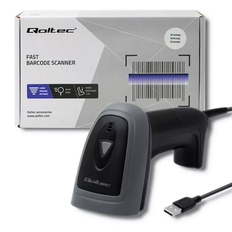 Hand-Barcodeleser QOLTEC 50863 — 1D/2D-Scanner, USB kabelgebunden, LED-Sensor, Schwarz, 5V, 1,8 m Kabel