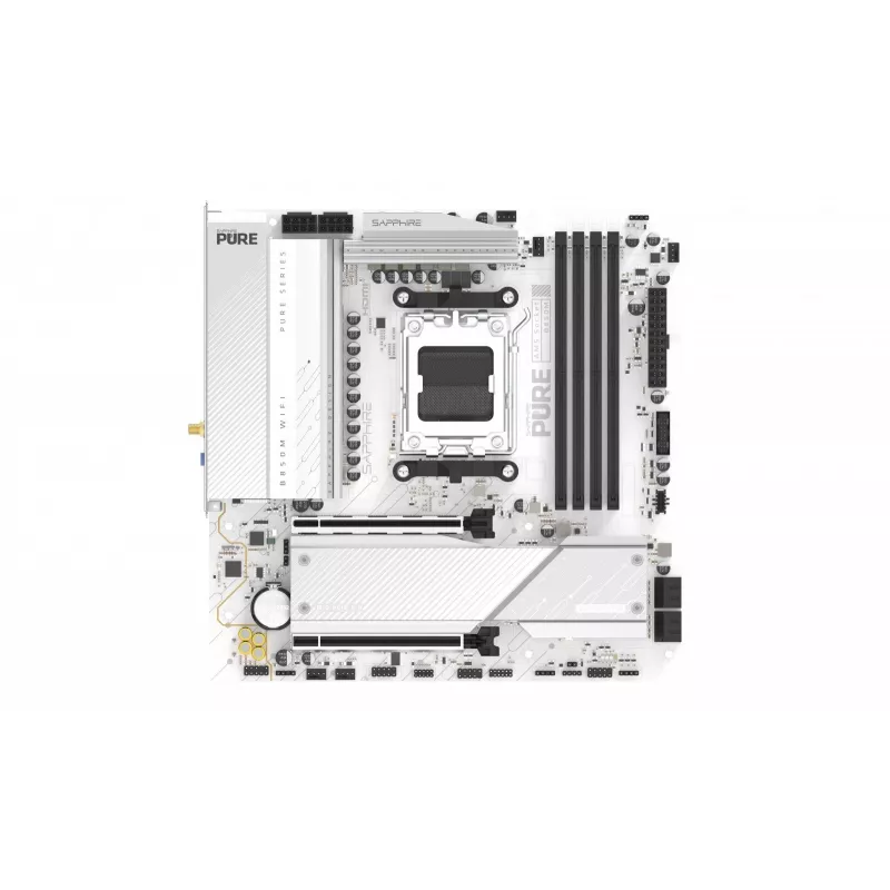 Mainboard Sapphire PURE B850M WIFI Micro ATX — AMD B850, Sockel AM5, DDR5 bis zu 8000 MHz, 4 DIMM, Wi‑Fi 6, 2,5 Gb LAN, 2× M.2, PCIe 5.0 x16