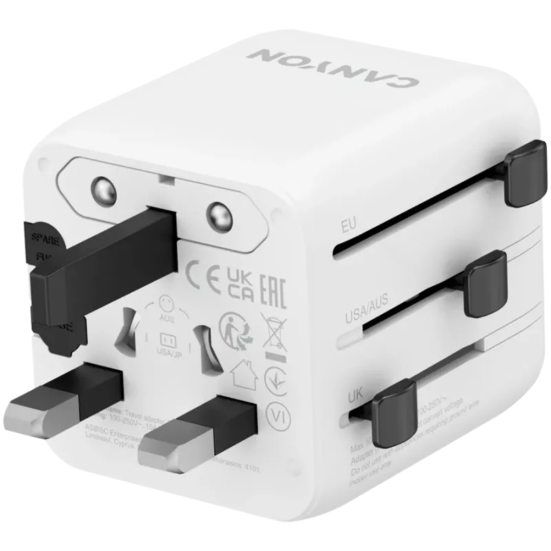 Reiseadapter CANYON OnTour One EU UK US AUS Weiß (CNS-TA1005W) – universelle Steckerkonvertierung für EU/UK/US/AUS
