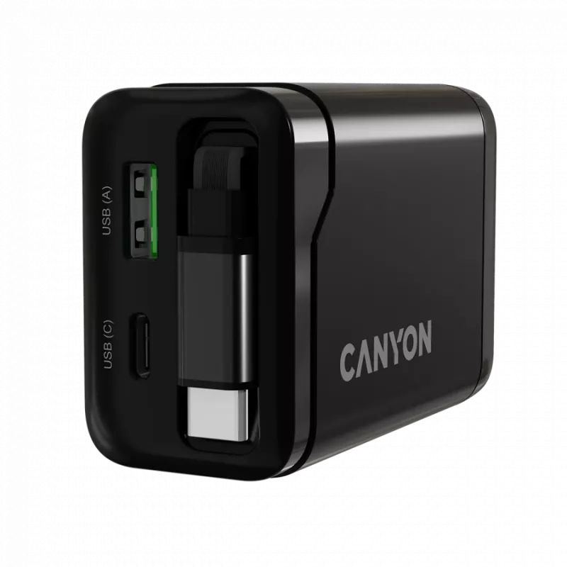 Ladegerät CANYON OnCharge 65RC mit integriertem USB-C-Kabel, 65 W, 1x PD, 1x QC, EU-Stecker, Schwarz