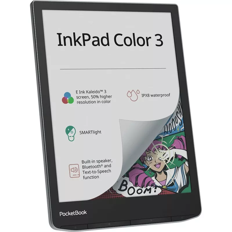 PocketBook InkPad Color 3 Stormy Sea. Display-Diagonale: 19,8 cm (7,8 inch), Technologie: E Ink. Unterstützte Dokumentformate: ACSM, AZW, AZW3, CBR, CBZ, CHM, DOC,