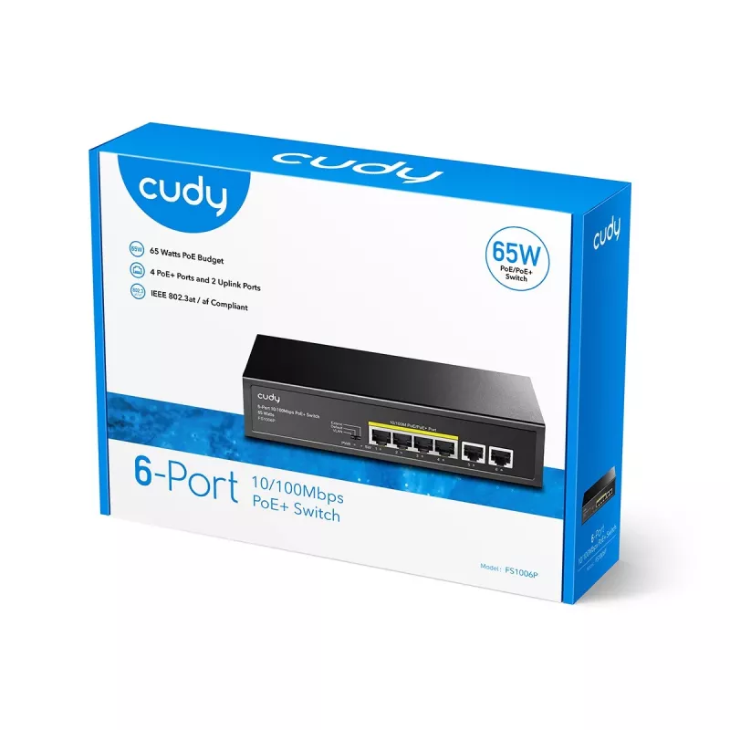 Netzwerk-Switch Cudy FS1006P Fast Ethernet 6-Port (4 PoE, 1 PoE+) 10/100 Mbit/s, 1,2 Gbit/s Bandbreite, Metallgehäuse, Rack-/Wandmontage