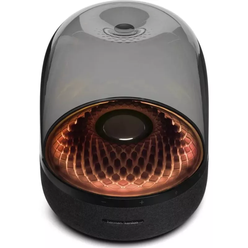 Tragbarer kabelloser Lautsprecher Harman/Kardon Aura Studio 4 — 100 W, 3 Treiber, 45–20000 Hz, Schwarz/Transparent