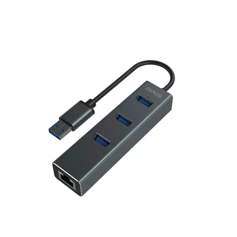 SAVIO USB-A-Hub mit RJ-45 Gigabit Ethernet AK-57 — 3× USB-A + RJ-45, USB 3.2 Gen 1 Micro‑B Host, 5 Gbit/s, 4 Ports, grau