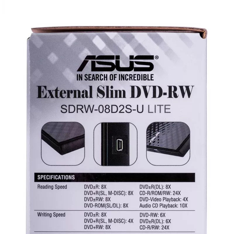 Externes DVD±RW-Optiklaufwerk ASUS SDRW-08D2S-U Lite, USB 2.0, schwarz, 24x CD / 8x DVD, 142×142×20 mm