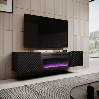 TV-Schrank Cama Meble ONDA mit elektrischem Kamin 1805×400×580 mm, schwarz, Spanplatten-Oberfläche (stehend oder wandmontiert)