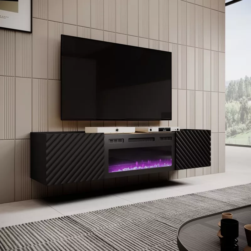 TV-Schrank Cama Meble ONDA mit elektrischem Kamin 1805×400×580 mm, schwarz, Spanplatten-Oberfläche (stehend oder wandmontiert)