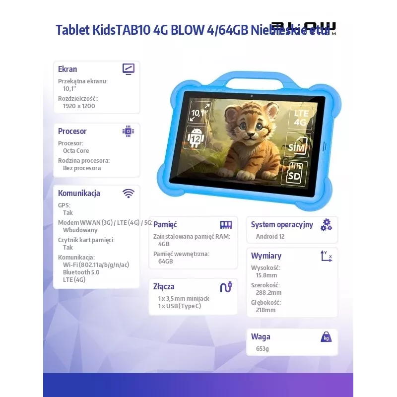 Tablet BLOW KidsTAB10 10,1 Zoll Full-Size-Tablet, 10,1 Zoll IPS 1200x1920, Android 12, 4 GB RAM, 64 GB eMCP, 4G (MicroSIM), 6000 mAh, Astral Blue