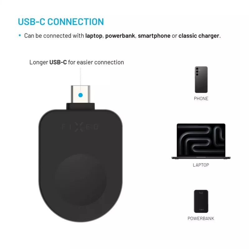 Festes USB-C-Ladeadapter FIXED FIXDW-AWAP-BK für Apple Watch Powerstation Uni, kompakter Ersatz