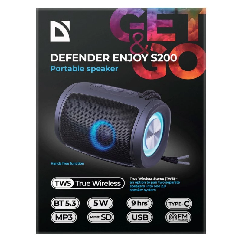 Tragbarer Bluetooth-Lautsprecher DEFENDER Ejoy S200 TWS 2.0, 5 W, Bluetooth 5.3, LED, 10 h Akkulaufzeit, eingebautes Mikrofon