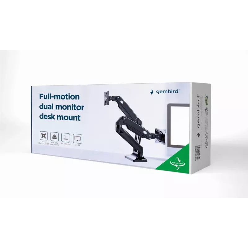 Monitor-Halterung GEMBIRD MA-DA2-03 für Bildschirme bis 35 Zoll, Tischklemme, VESA 75x75–100x100, 20 kg, schwarz, Dual-Display