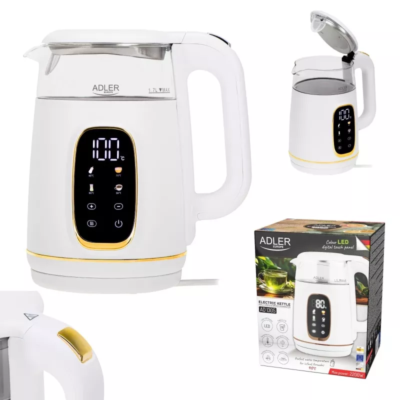 Wasserkocher Adler AD 1305WG — 1,7 l, 2200 W, Glas/Kunststoff, Weiß/Gold/Transparent