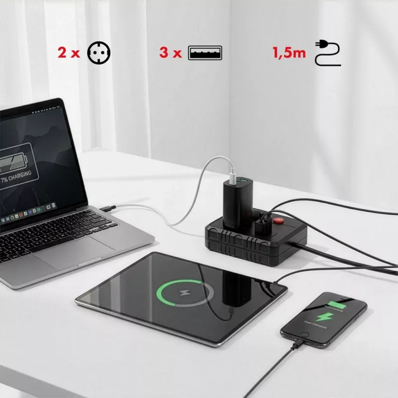 Steckdosenleiste MACLEAN MCE387 B — 2 Steckdosen, 3×USB A, 110–240 V, 1,5 m Kabel, max. 2500 W