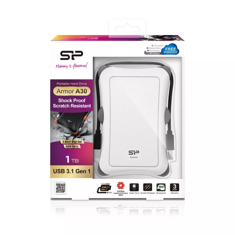 Externe HDD Silicon Power Armor A30 1TB USB 3.2 Gen 1, 2,5 Zoll HDD, weiß, USB Typ-A