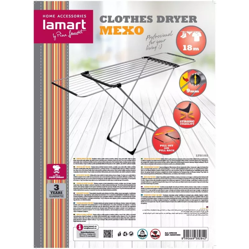 Wäscheständer LAMART LT8102 Größe 18 M — 18 m Trockenleinenkapazität, faltbarer Indoor-Wäscheständer