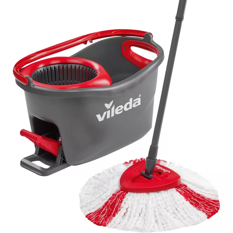 Wischmopp VILEDA EasyWring & Clean Turbo, roter Technopolymer-Eimer, abnehmbarer waschbarer Mikrofaserbezug, für Hartböden