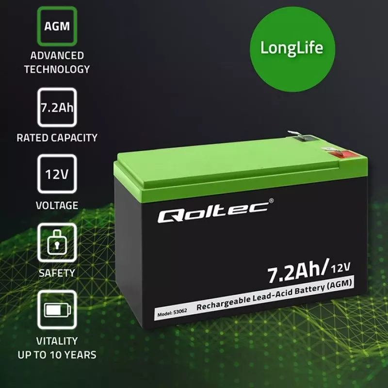 Qoltec 53062 AGM-Batterie | 12V | 7,2 Ah | max 108A