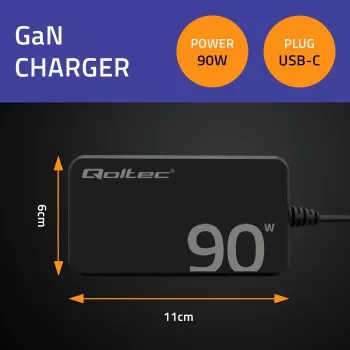 Qoltec 90W GaN Super Fast SLIM Wandladegerät | XP | 5-20V | 4,5A | USB-C 3.1 | Laptop | MacBook | Smartphone | + Kabel