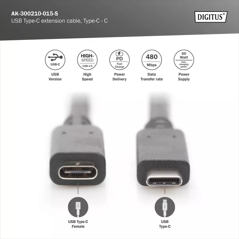 USB-Typ-C-Verlängerungskabel Digitus AK-300210-015-S