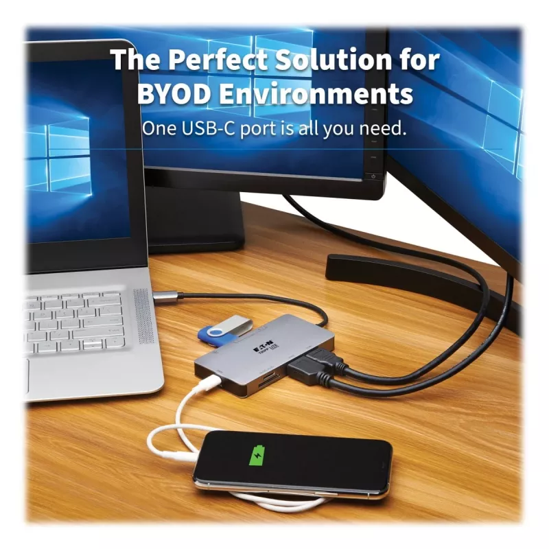 Eaton Tripp Lite USB-C Dock, Dual Display - 4K 60 Hz HDMI, USB 3.2 Gen 1, USB-A Hub, GbE, Speicherkarte, 100W PD-Ladefunktion, Grau - Dockingstation - USB-C - 2 x HDMI - 1GbE (U442-DOCK