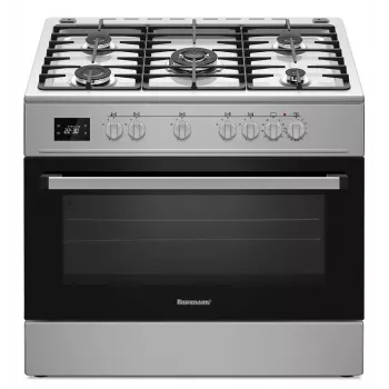 Freistehender Herd Ravanson KWGE-K90A Cheff Modern — 90 cm, Gas-Kochfeld mit 5 Brennern und 3000 W Wok, Elektrobackofen 110 l, silber