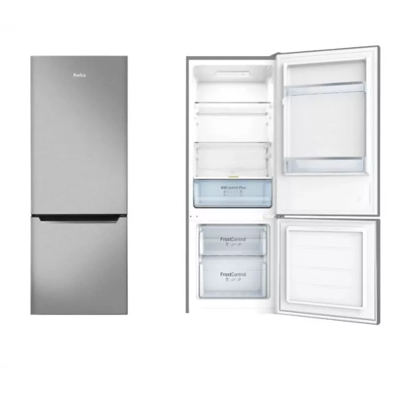 Freistehende Kühl-Gefrierkombination AMICA KGCL 384 160 E, Gesamt 205 L, Kühlteil 153 L, Gefrierteil 52 L, unteres Gefrierfach, Edelstahl