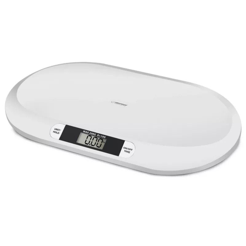 Elektronische Babywaage ESPERANZA EBS019 — Kapazität 0,03–20 kg, Teilung 0,01 kg, großes 60×25 mm LCD, weiß