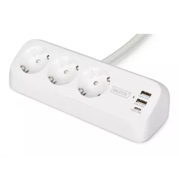 Mehrfachsteckdose DIGITUS 3-fach mit 2×USB-A und 1×USB-C, 3 AC-Steckdosen Typ E/F, 1,5 m Kabel, weiß