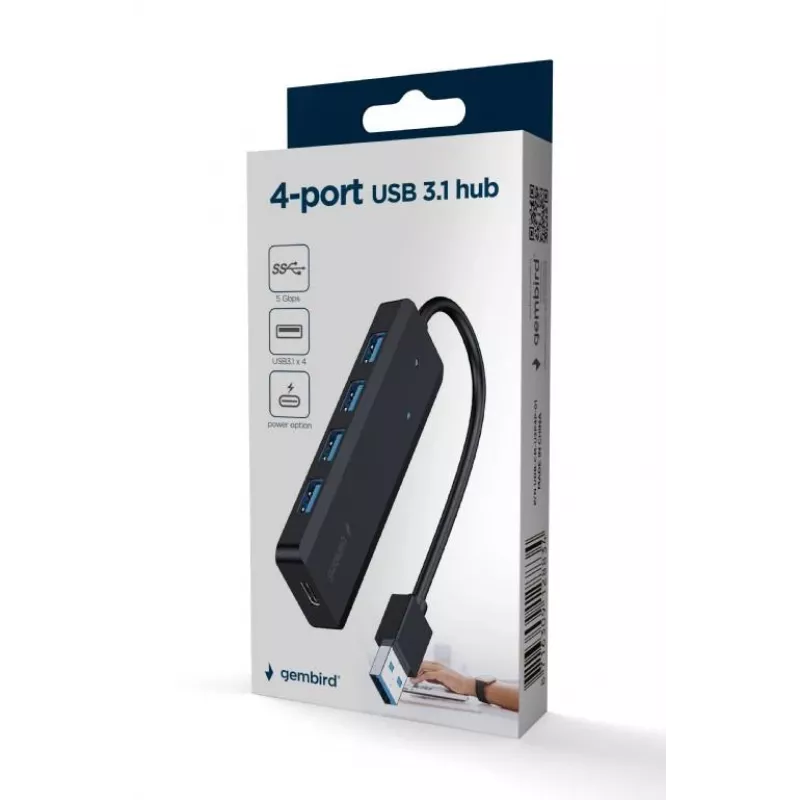 USB-Hub Gembird 4-Port USB 3.1 (Gen 1) — 4 Ports, USB 3.2 Gen 1 Type-A, 5V/2.1A, 109×30×10 mm, schwarz