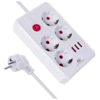 Steckdosenleiste MACLEAN MCE392 W — 4 F-Steckdosen, 3×USB A, 110–240 V, 2,1 A max, 2500 W, 1,5 m Kabel, weiß