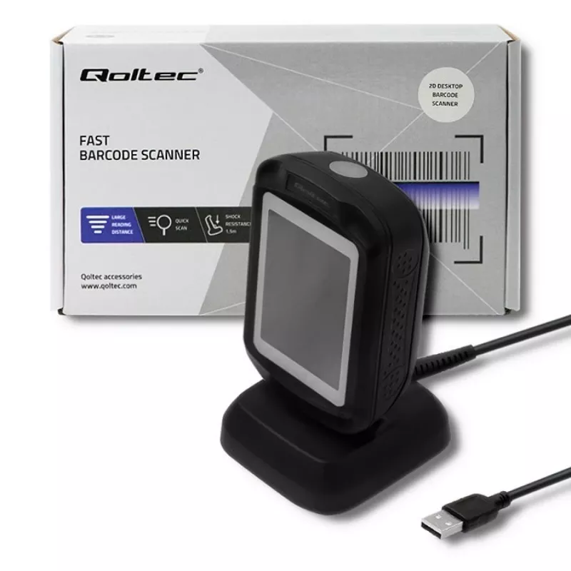 Fester 1D/2D-Barcodeleser QOLTEC 50864, LED-Sensor, USB (kabelgebunden), schwarz, 145×85×80 mm