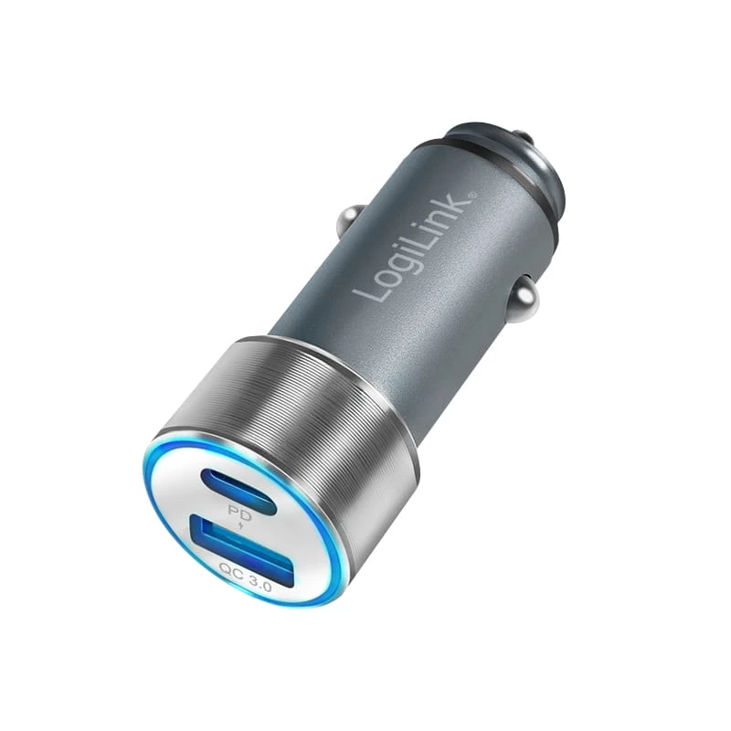 LogiLink Auto-Netzteil – 36 Watt – 3 A – PD 3.0, QC 3.0 – 2 Ausgangsports (USB, 24-poliger USB-C)