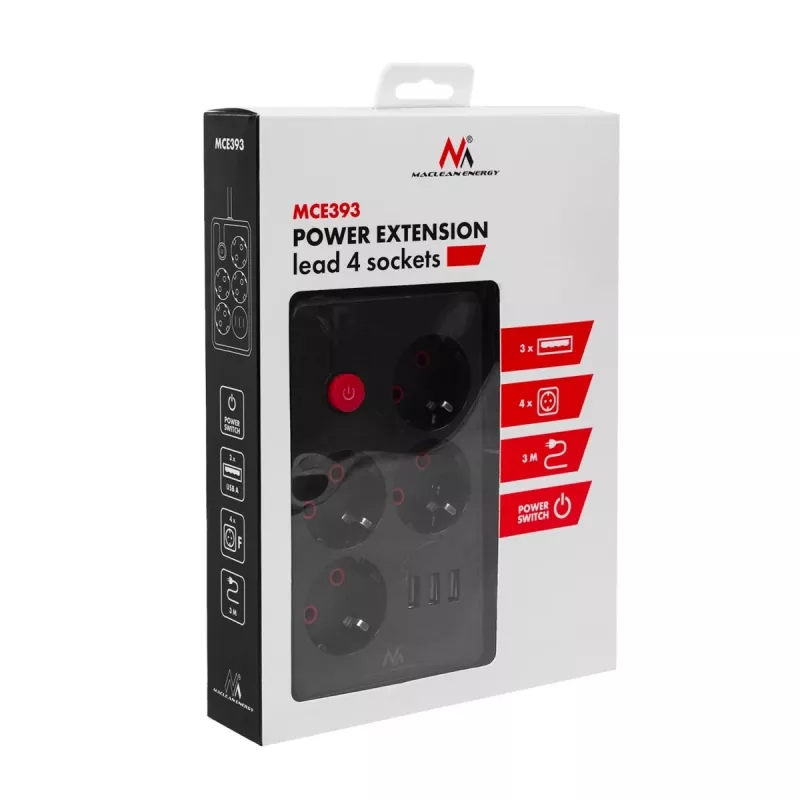 Steckdosenleiste MACLEAN MCE393 B — 4 Steckdosen, 3×USB, 110–240 V, 2500 W, 3 m Kabel, schwarz