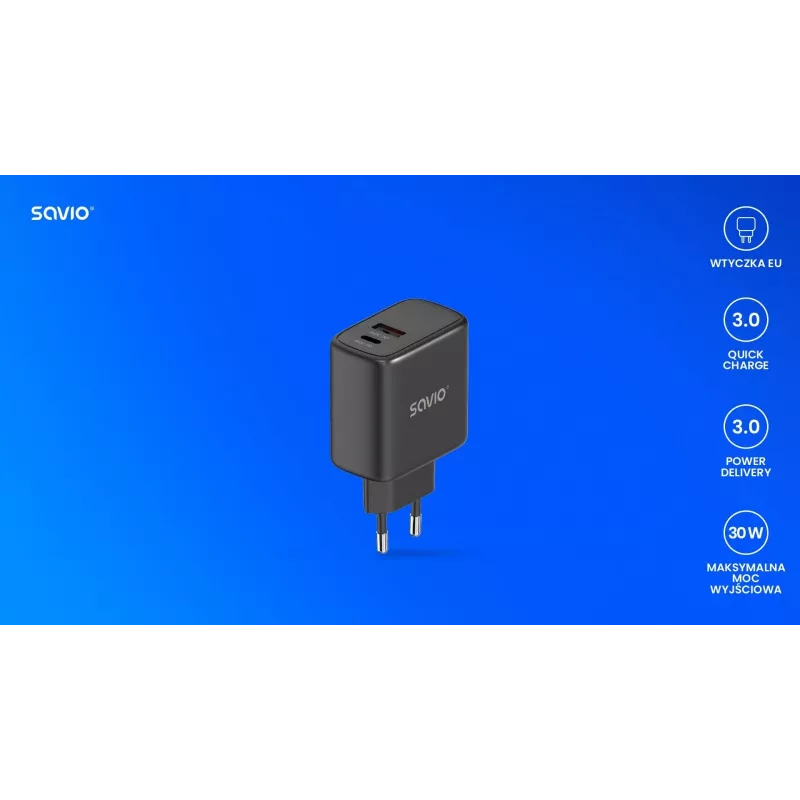 Outdoor-Ladegerät SAVIO LA-06/B USB Type-C 30W Power Delivery 1x USB-C Schwarz, 5–20V, 3A/9V, 3A/5V, 3A/12V, 2,1A